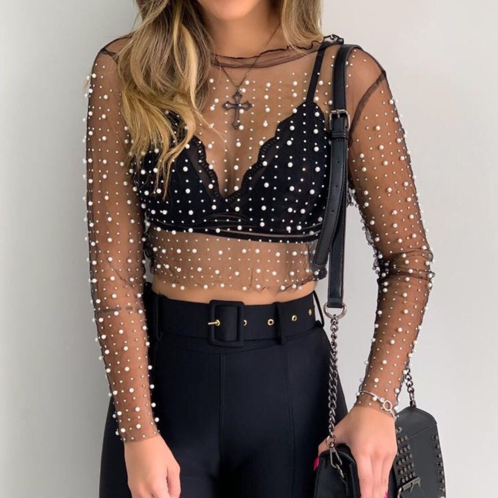goosudu  See Through Diamond Beads Mesh Women Tops Black Long Sleeve Round Neck Short Tops Women Spring Skinny Fashion Streetwear