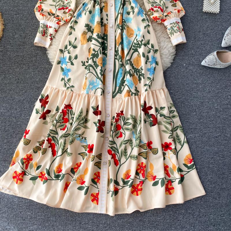 Women Vintage Print Dress Autumn Stand Collar Button Puff Sleeve Long Robe Fashion Chic Flower Streetwear Maxi Dresses