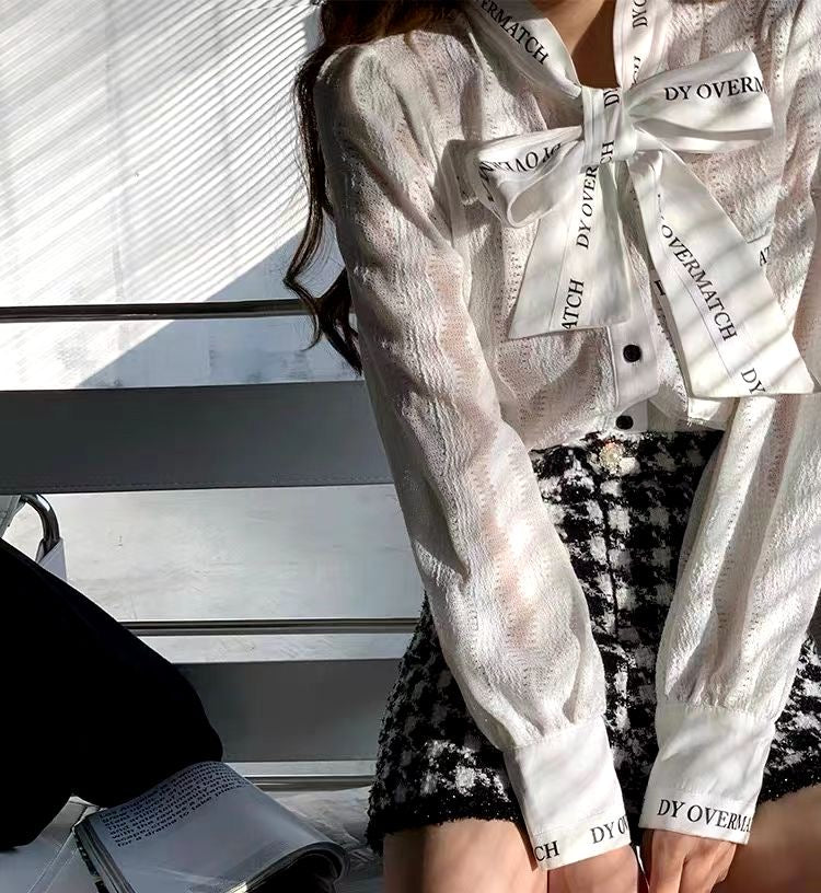 Goosudu French style restoring ancient ways ribbon bow blouse female temperament of early spring new white shirt long sleeve lace tops
