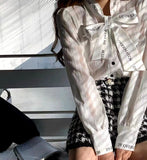 Goosudu French style restoring ancient ways ribbon bow blouse female temperament of early spring new white shirt long sleeve lace tops