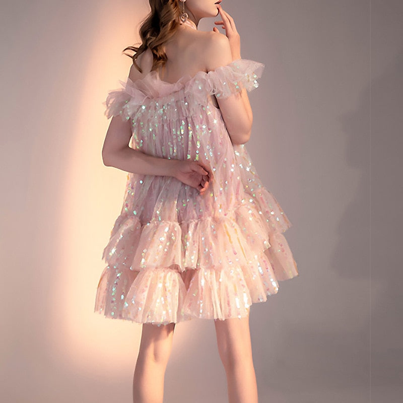 goosudu Girls Sweet Pink Bling Bling Sequined Ruffles Ball Gown Dress Off Shoulder Halter Summer Beach Party Mesh Dress