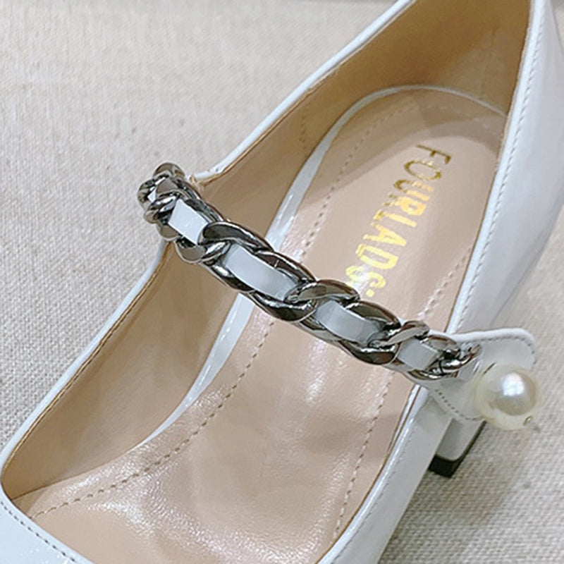 goosudu Luxury Designer Women Thick High Heels Shose Chain Square Toe Pumps Spring Square Toe Shoes Wedding Shoes Mary Jane Sandals
