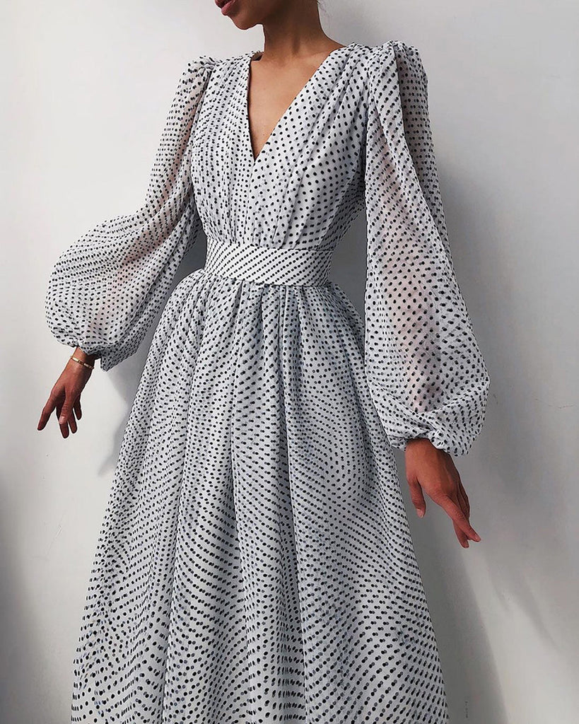 goosudu Women Elegant Dress Summer Polka Dots Temperament Long Dresses Autumn V-neck Puff Sleeve Lantern Sleeve Ladies Dress