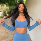 goosudu   Long Sleeves Solid Navel Low Neck Bodycon Top Sexy Mini Dress Set Summer Women Fashion Streetwear Outfits Y2K