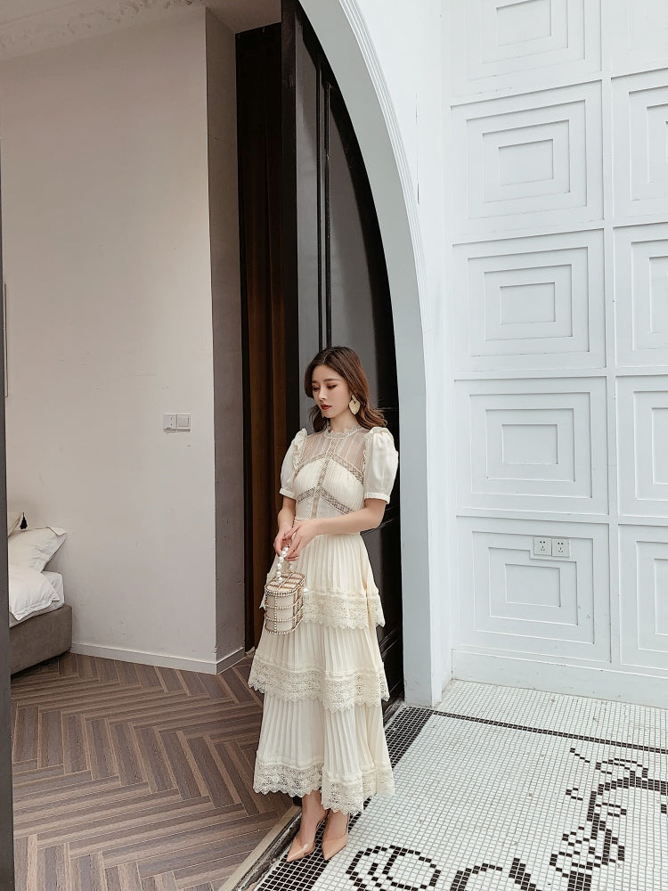 goosudu Summer Self Portrait Beige Pleated Dress Women Short Sleeve Lace Patchwork Cascading Ruffles Long Dress Female Layer Cake Dress