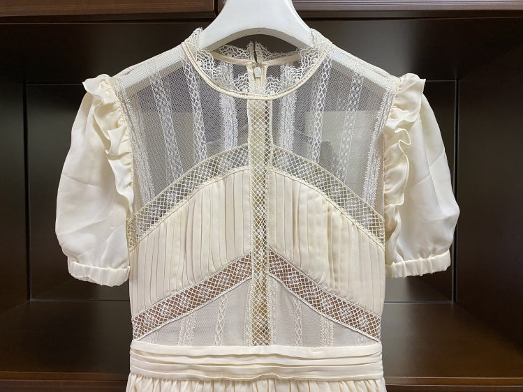 goosudu Summer Self Portrait Beige Pleated Dress Women Short Sleeve Lace Patchwork Cascading Ruffles Long Dress Female Layer Cake Dress