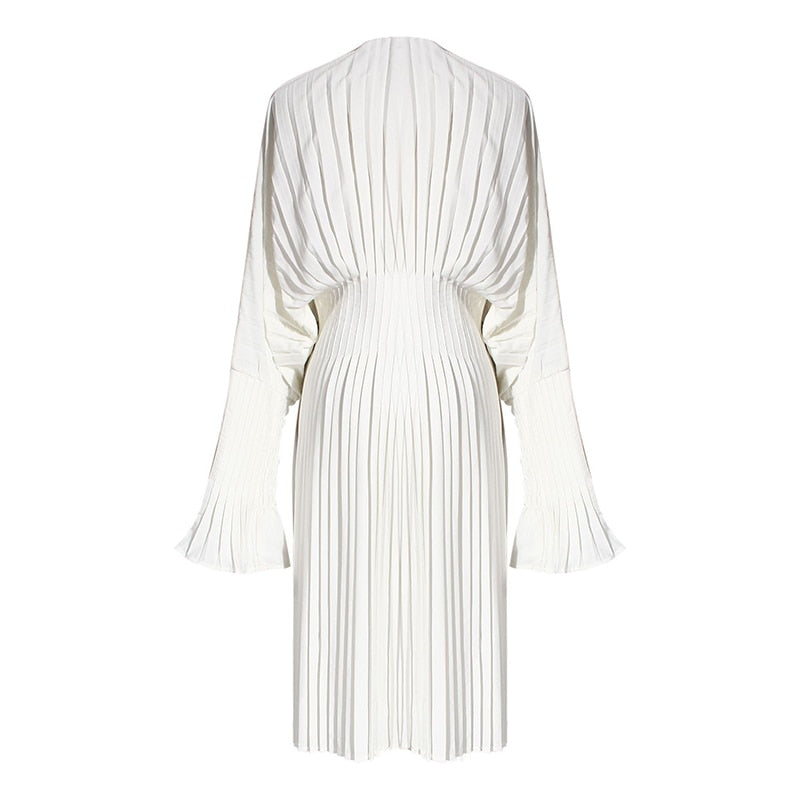 goosudu Vintage Pleated Dress Women Flare Long Sleeve V Neck Dresses Female Fashion Clothes Spring Summer New