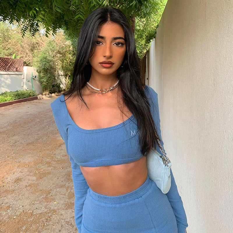 goosudu   Long Sleeves Solid Navel Low Neck Bodycon Top Sexy Mini Dress Set Summer Women Fashion Streetwear Outfits Y2K