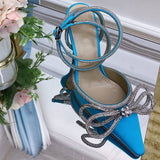 Summer Sexy Satin Slim Thin High Heel Bride Shoes Women Point Wrap Toe Crystal Sandals Ankle Buckle Luxury Wedding Shoes Mujer