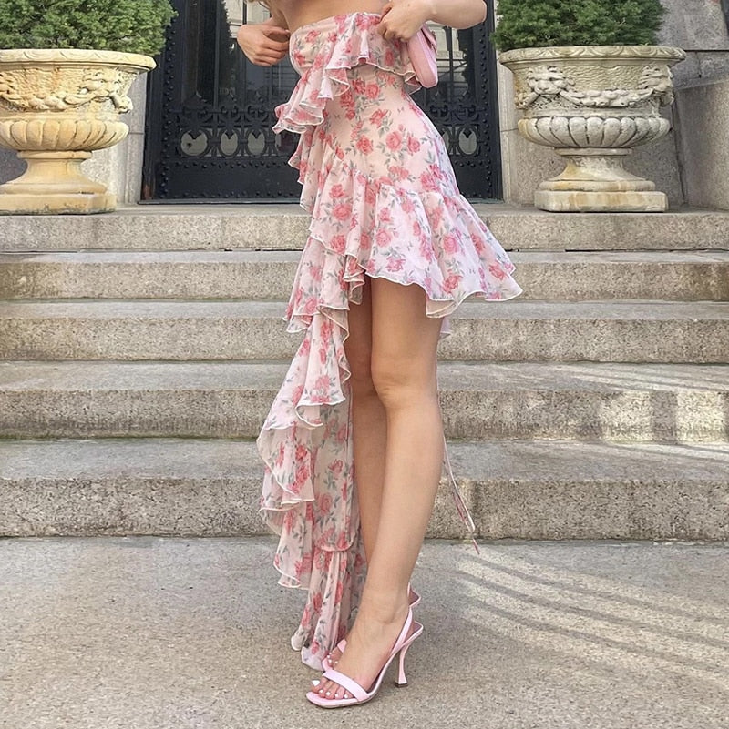 goosudu Fairy Dress Ruffled Breast Wrap Strap Dress Women's Spring Summer Midi Flower Halterneck  Boho Dress Beach Dress Sundress