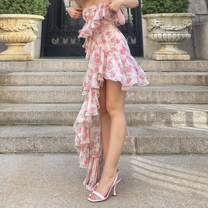 goosudu Fairy Dress Ruffled Breast Wrap Strap Dress Women's Spring Summer Midi Flower Halterneck  Boho Dress Beach Dress Sundress