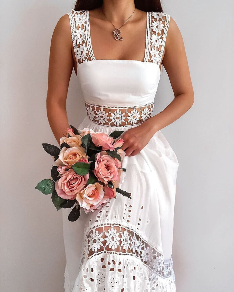 goosudu  Elegant Women's Dress Stitching Hollow Suspender Dresses Summer Women's Clothing  Solid Color Sleeveless Sexy Lace Dress