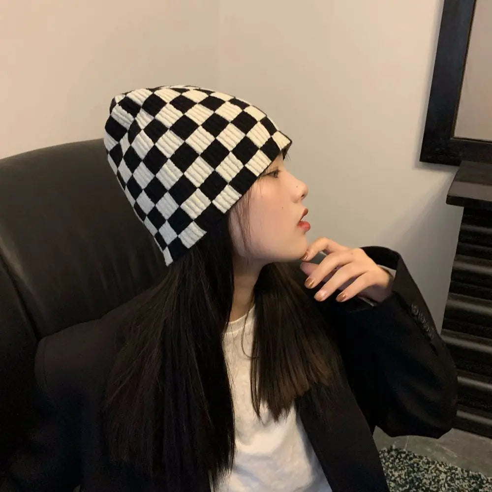 Women Men knitted Hat Hiphop Checkerboard Autumn Winter Korean Fashion Wool Cap Lovers Hat Warm Beanies Lattice Caps For Couple