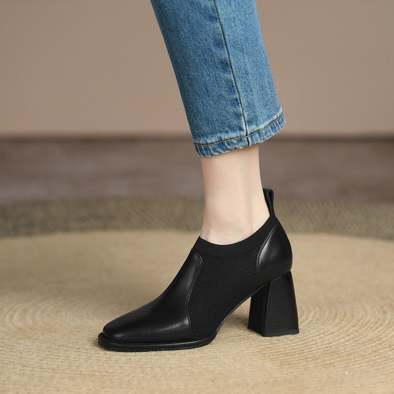 goosudu Spring/Autumn Women Party Prom Chunky Heel Pumps Genuine Leather Pumps Square Toe Loafers Woman High Heels Shoes for Women