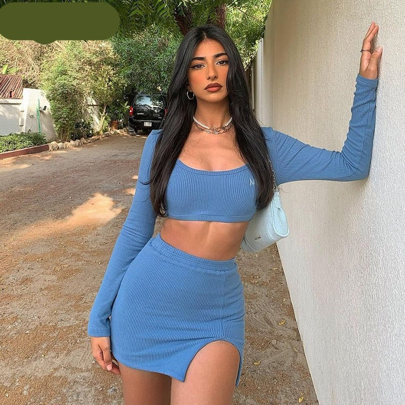 goosudu   Long Sleeves Solid Navel Low Neck Bodycon Top Sexy Mini Dress Set Summer Women Fashion Streetwear Outfits Y2K
