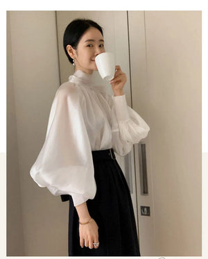 Designer Fashion Long Lantern Sleeve Women Blouses Bowknot Silky Summer Spring France Chic Shirts Blusas