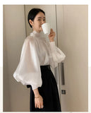 Designer Fashion Long Lantern Sleeve Women Blouses Bowknot Silky Summer Spring France Chic Shirts Blusas