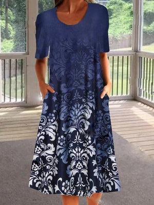 Women Spring Dresses O-neck Half Sleeve Floral Printed Dress Vintage Printed Dress A-line Skirt Summer Mid-calf Loose Dress