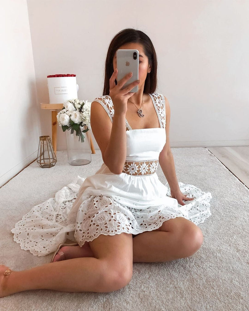 goosudu  Elegant Women's Dress Stitching Hollow Suspender Dresses Summer Women's Clothing  Solid Color Sleeveless Sexy Lace Dress