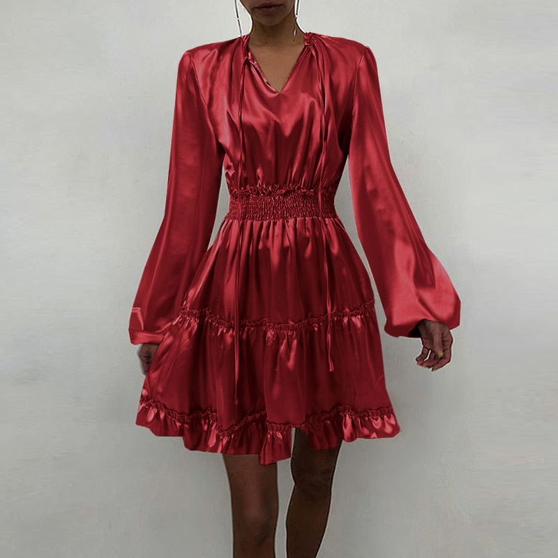 goosudu Women Silk Dress Celmia Satin Mini Robe Summer Elegant Party Wrap Evening Dress Long Lantern Sleeve V Neck Solid Vestidos
