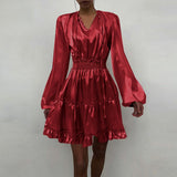 goosudu Women Silk Dress Celmia Satin Mini Robe Summer Elegant Party Wrap Evening Dress Long Lantern Sleeve V Neck Solid Vestidos