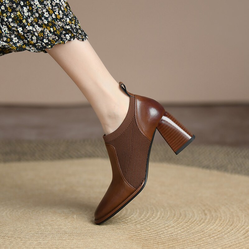 goosudu Spring/Autumn Women Party Prom Chunky Heel Pumps Genuine Leather Pumps Square Toe Loafers Woman High Heels Shoes for Women