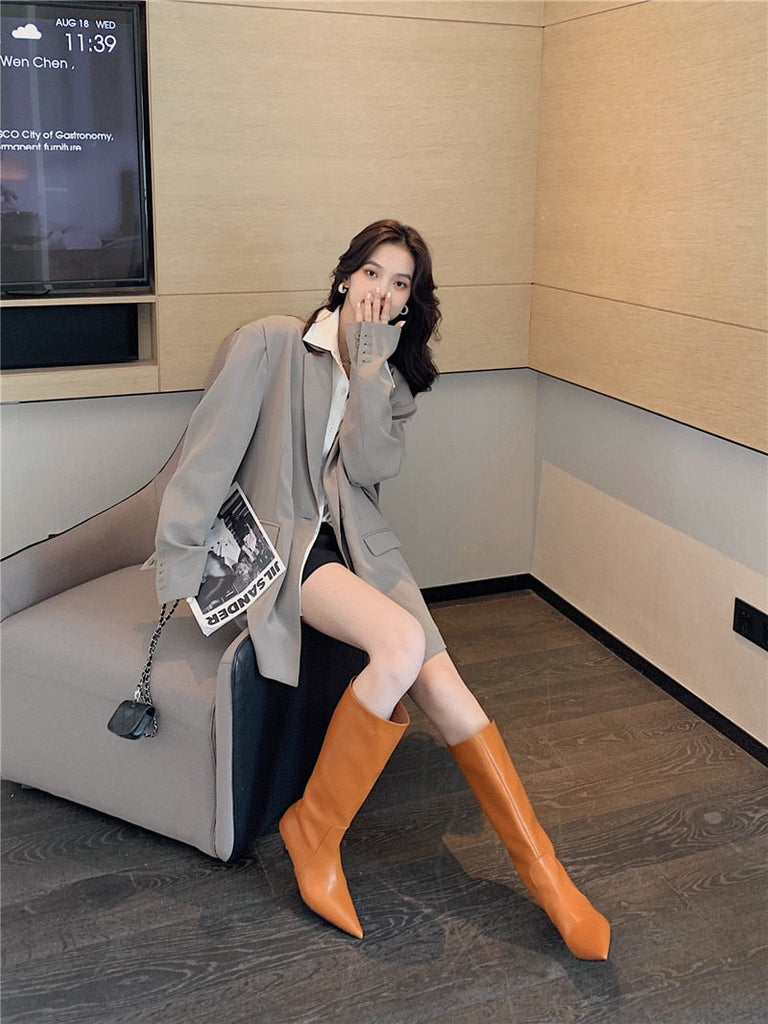 goosudu Fashion Women Chelsea Booties Pointed Toe Black/White/Orange Winter Ladies Knee High Boots Woman Thin Low Heels Martin Booties