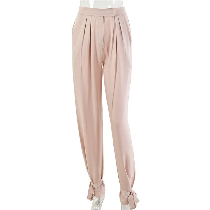 Goosudu  Satin Lace Up High Waist Harem Pants Zipper Women Autumn Pleated Loose Pockets Long Trousers Casual Office Ladies Pant