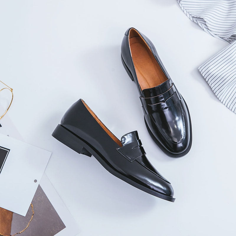 goosudu ladies Leather shoes British style plus size 22-26.5cm women pumps loafers lazy shoes womens platform heels black shoes