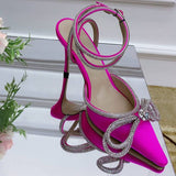 Summer Sexy Satin Slim Thin High Heel Bride Shoes Women Point Wrap Toe Crystal Sandals Ankle Buckle Luxury Wedding Shoes Mujer