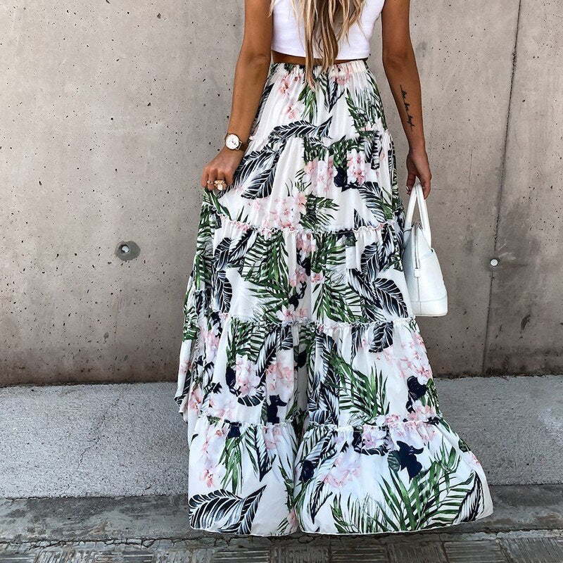 Goosudu Bohemian Women Long Skirt Asymmetrical Beach Style Floral Printed High Waist Ladies Casual Skirt Ins Skirts Faldas Spring