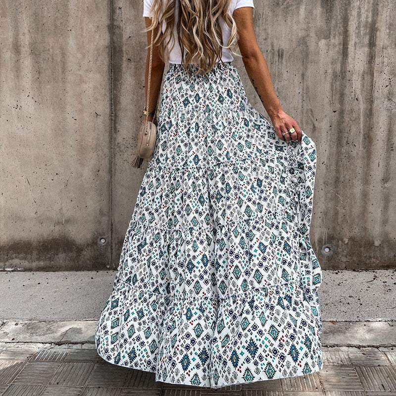 Goosudu Bohemian Women Long Skirt Asymmetrical Beach Style Floral Printed High Waist Ladies Casual Skirt Ins Skirts Faldas Spring