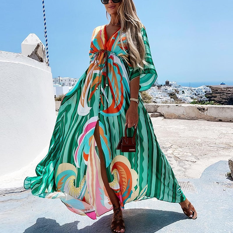 Elegant Deep V Neck Printing Hem Maxi Dresses Women Casual Button Elastic Waist Long Party Dress Summer Loose Slit Beach Dress