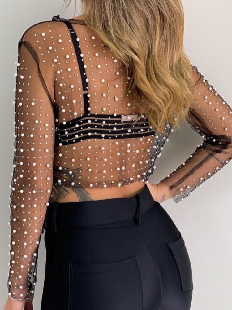 goosudu  See Through Diamond Beads Mesh Women Tops Black Long Sleeve Round Neck Short Tops Women Spring Skinny Fashion Streetwear