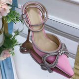 Summer Sexy Satin Slim Thin High Heel Bride Shoes Women Point Wrap Toe Crystal Sandals Ankle Buckle Luxury Wedding Shoes Mujer