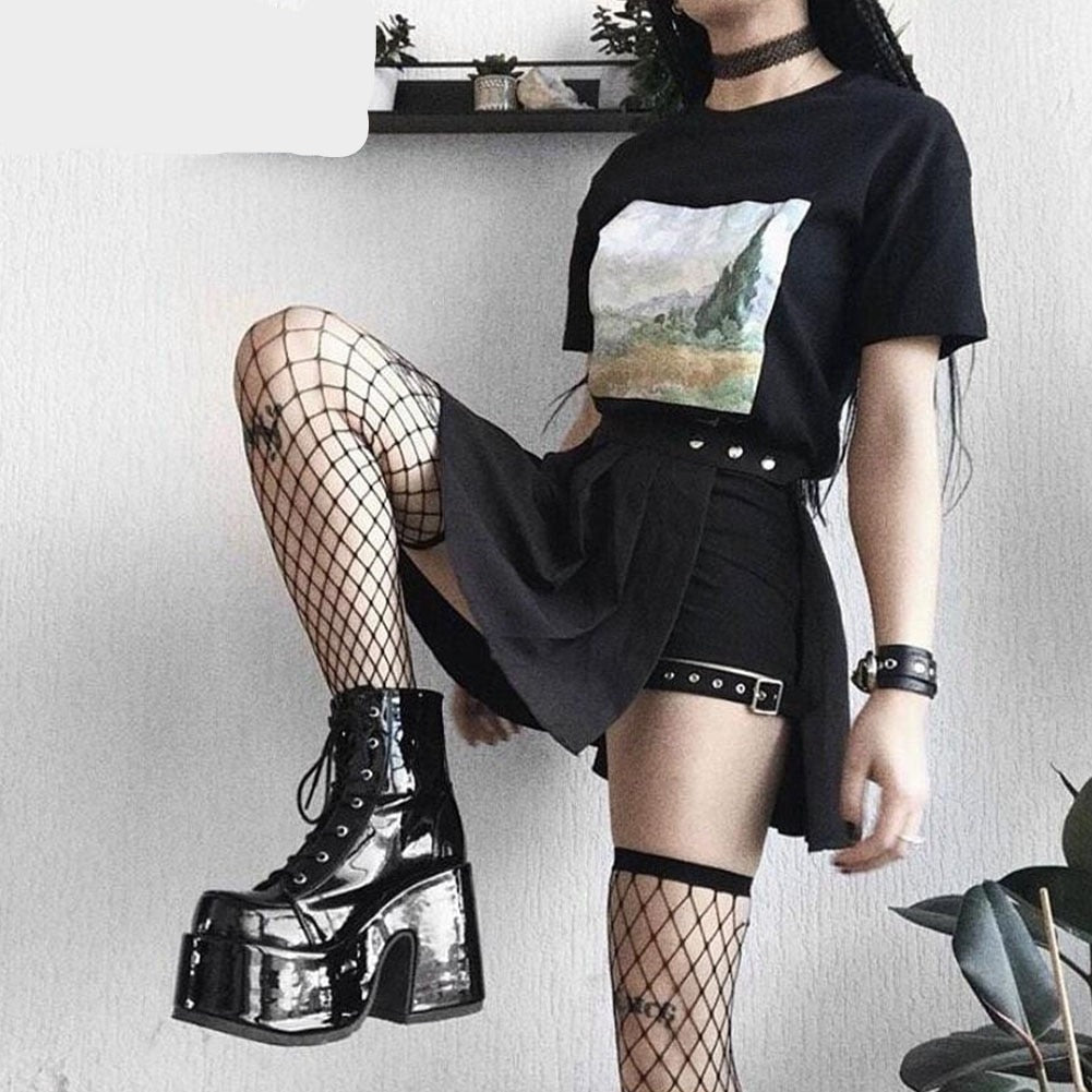 goosudu Luxury Brand Design Female Chunky High Heels Ankle Boots Fashion Zip Lace-up High Platform Boots Women Street Punk Shoes Woman