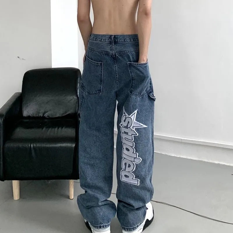 American street clothing retro trend pocket jeans female letter star print high waist casual oversized straight pants women