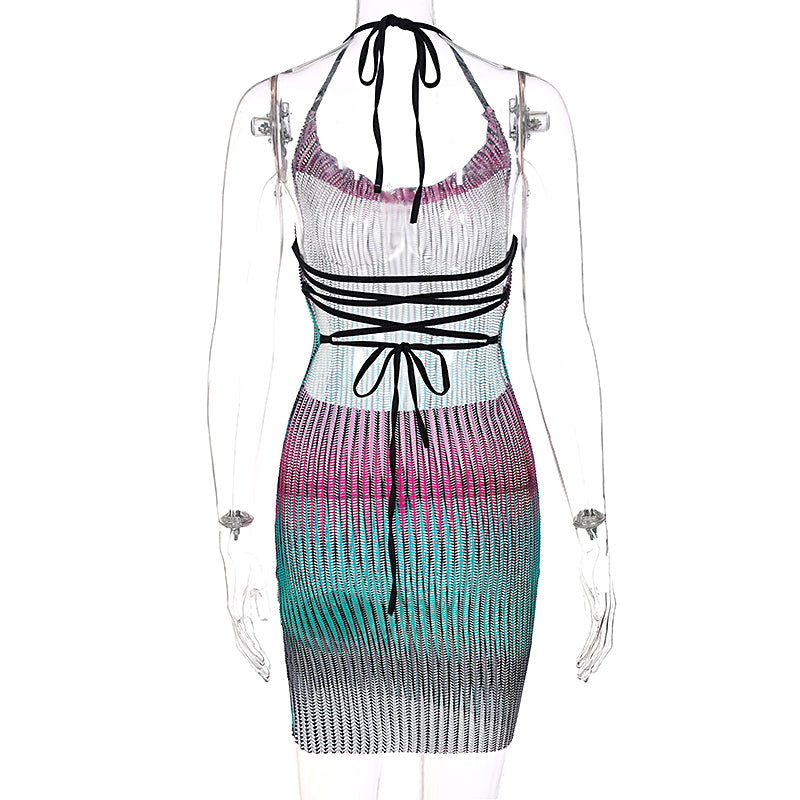 goosudu Sleeveless Backless See Through Bandage Satin Slip Mini Dress Summer Women Fashion Sexy Party Club Robe Kpytomoa