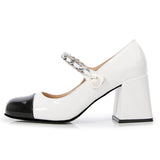 goosudu Luxury Designer Women Thick High Heels Shose Chain Square Toe Pumps Spring Square Toe Shoes Wedding Shoes Mary Jane Sandals