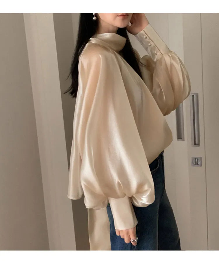 Designer Fashion Long Lantern Sleeve Women Blouses Bowknot Silky Summer Spring France Chic Shirts Blusas