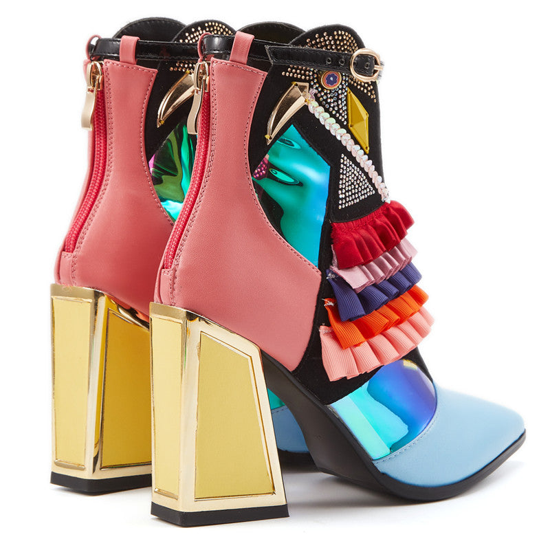 goosudu High Heel Ankle Boots Bling Bling Novelty Heels Ruffles Party Short Boots For Women Pointed Toe Modern Runway Heel Shoes Ethnic