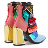 goosudu High Heel Ankle Boots Bling Bling Novelty Heels Ruffles Party Short Boots For Women Pointed Toe Modern Runway Heel Shoes Ethnic