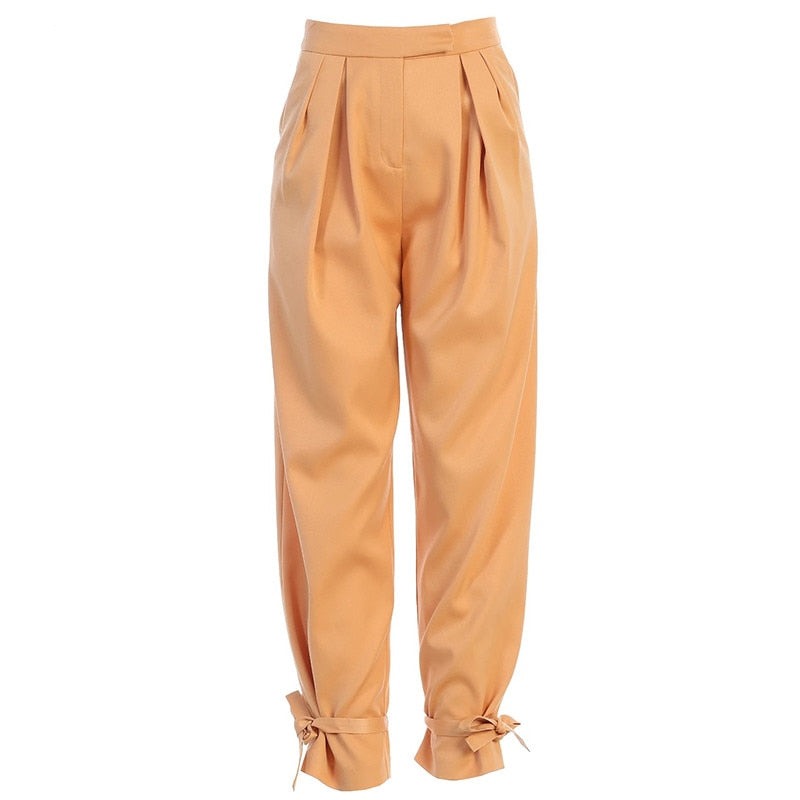 Goosudu  Satin Lace Up High Waist Harem Pants Zipper Women Autumn Pleated Loose Pockets Long Trousers Casual Office Ladies Pant