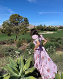 Retro Palace Pink Daisy Print Silk Party Dress Puff Sleeve Female Elegant Maxi Dresses Beach Women Square Collar Holiday Robe