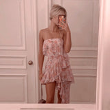 goosudu Fairy Dress Ruffled Breast Wrap Strap Dress Women's Spring Summer Midi Flower Halterneck  Boho Dress Beach Dress Sundress