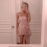 goosudu Fairy Dress Ruffled Breast Wrap Strap Dress Women's Spring Summer Midi Flower Halterneck  Boho Dress Beach Dress Sundress