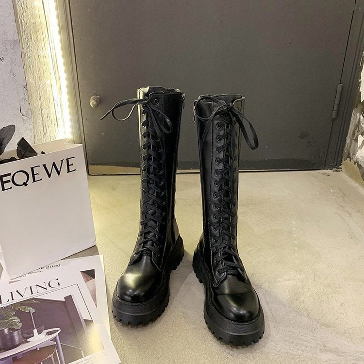 goosudu Women Motorcycle Boots Wedges Flat Shoes Woman High Heel Platform PU Leather Boots Lace Up Women Shoes Black Boots Girls