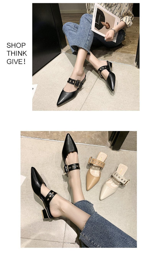 goosudu  Elegant Mules Women Closed Leather Casual Slippers Woman Metal Buckle High Heels Female Pointed Toe Shoes