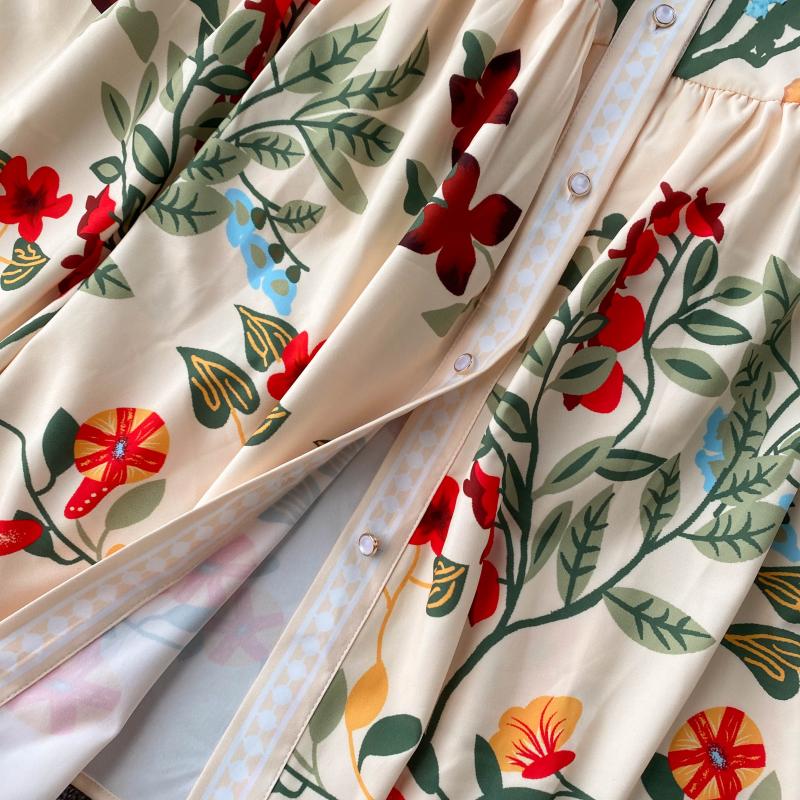 Women Vintage Print Dress Autumn Stand Collar Button Puff Sleeve Long Robe Fashion Chic Flower Streetwear Maxi Dresses