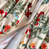 Women Vintage Print Dress Autumn Stand Collar Button Puff Sleeve Long Robe Fashion Chic Flower Streetwear Maxi Dresses